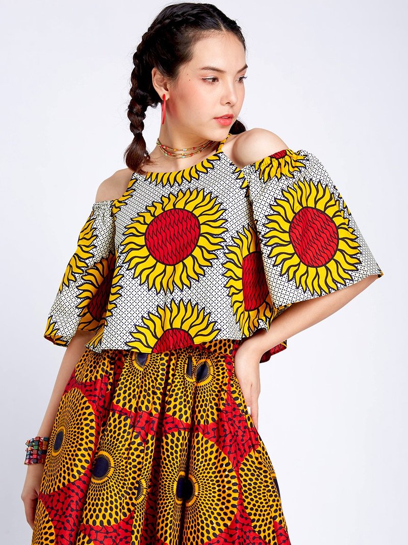 Red Sunflower Crop Top - 女装上衣 - 棉．麻 红色