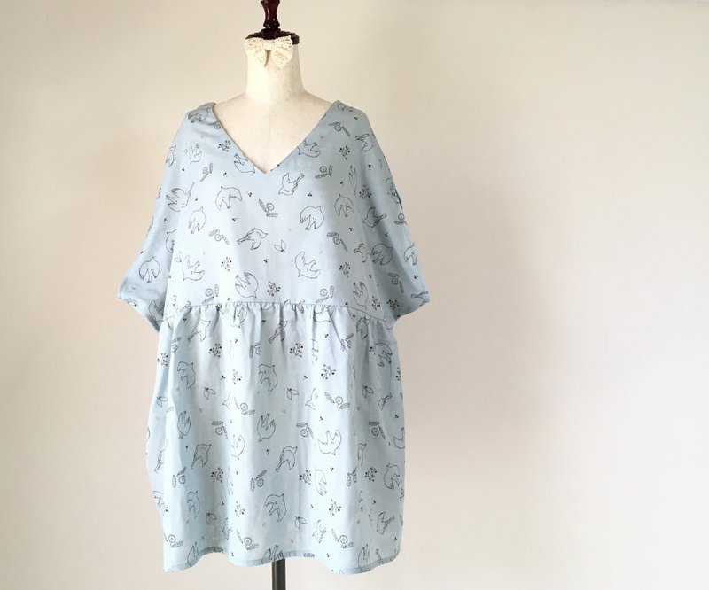 Dandelion and a little tunic tunic One piece Sachs blue - 洋装/连衣裙 - 棉．麻 蓝色