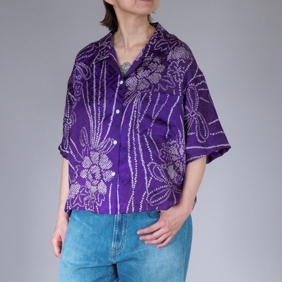 【日本制】日本复古和服翻版、按扣衬衫、女式超大L、短款上衣 - 女装衬衫 - 丝．绢 紫色