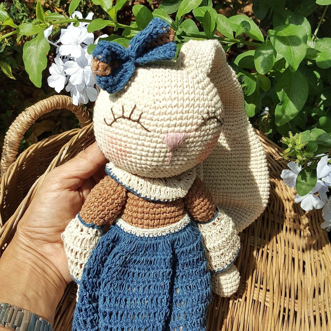 Natural Dyed Cotton Crochet Bunny Doll, Haruna - 玩具/玩偶 - 棉 蓝色