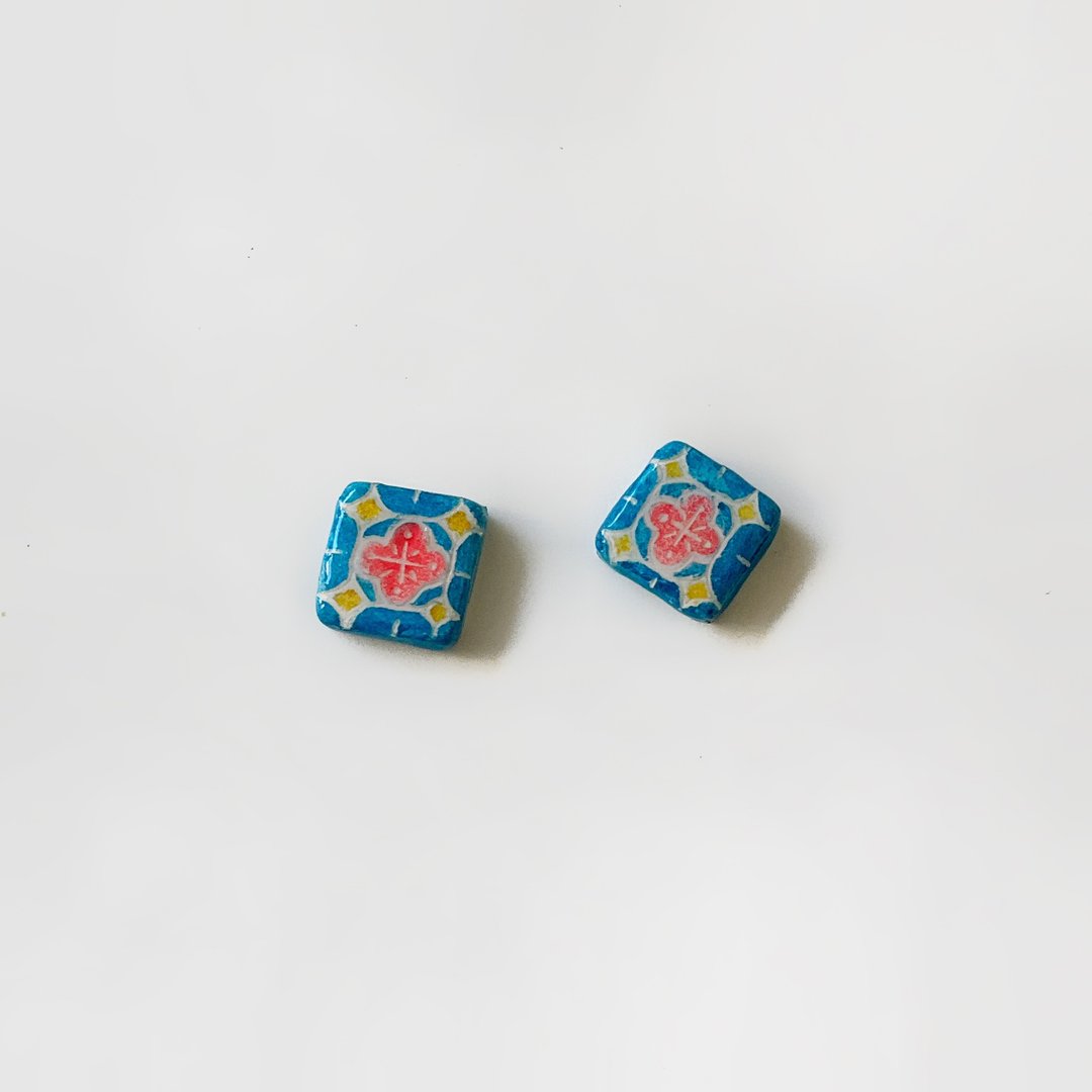 可爱复古小花砖/花窗系列 - 手作/手绘耳环 - 耳环/耳夹 - 其他材质 多色