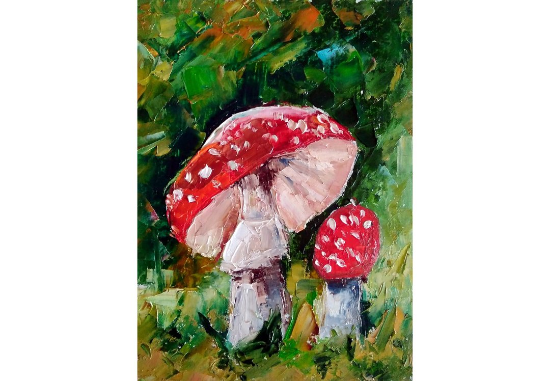 Fly Agaric Original Oil Painting, Mushroom Wall Art, Forest Picture, Nature Art - 海报/装饰画/版画 - 其他材质 多色