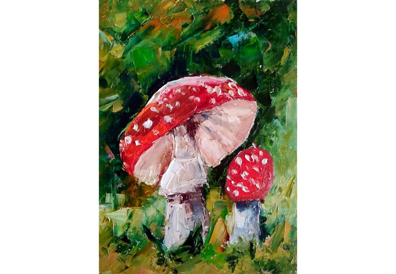 Fly Agaric Original Oil Painting, Mushroom Wall Art, Forest Picture, Nature Art - 海报/装饰画/版画 - 其他材质 多色