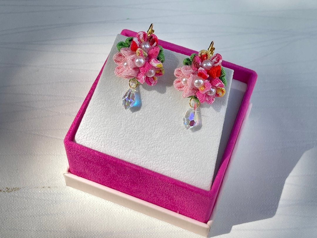 220520 和花 和风 细工 Swarovski  耳环 - 耳环/耳夹 - 半宝石 粉红色