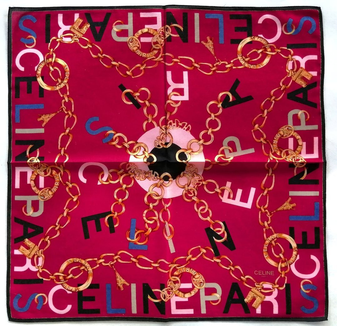 Celine 古董红丝巾 金链 - 巴黎地标图案 23 x 22.5 英寸 - 丝巾 - 棉 红色