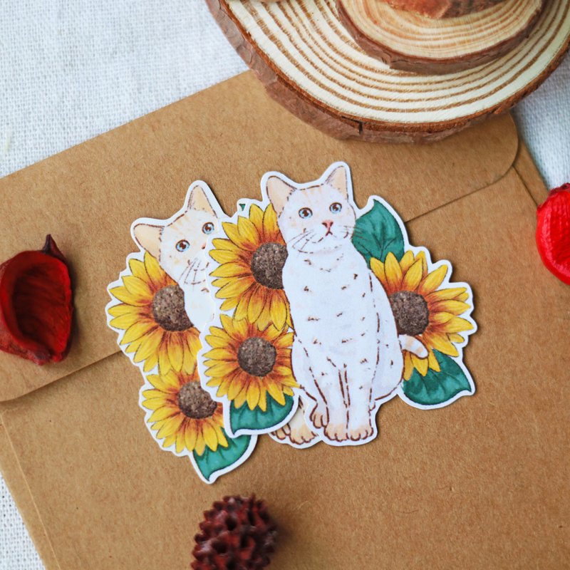 白猫与向日葵 猫咪贴纸 可爱贴纸 - 贴纸 - 纸 白色