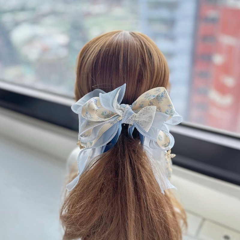 卷边纱蝴蝶结相交夹香蕉夹仙女夹发夹-水蓝色+黄色 - 发饰 - 其他材质 蓝色