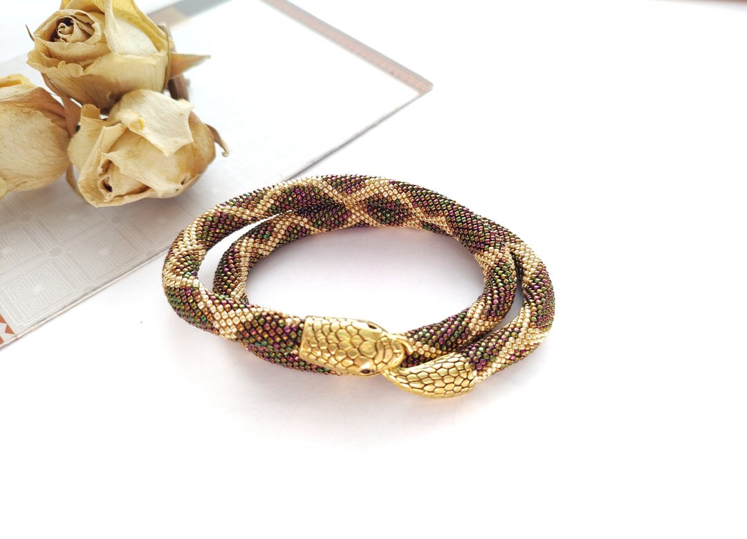 Beaded Snake bracelet necklace Python serpent Beaded Brown metalic snake - 手链/手环 - 其他材质 咖啡色