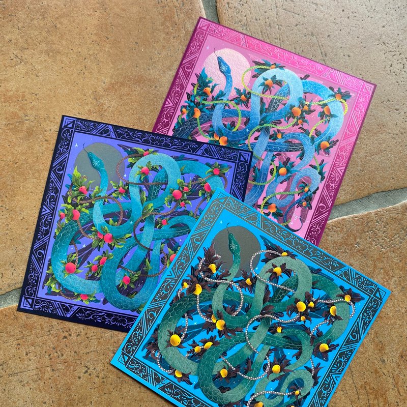 插画博览会新品-月蛇-数位烫金明信片 - 卡片/明信片 - 纸 多色