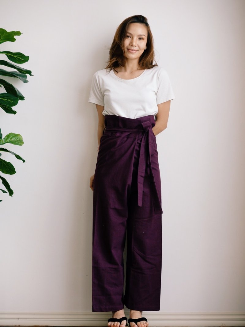 Pahn : Plum Purple Cotton Wrapped Pants - 男士长裤 - 棉．麻 紫色
