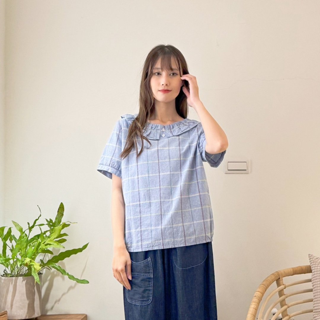 Hana Mokuba 格纹荷叶边两侧松紧收口上衣 - 女装上衣 - 其他材质 