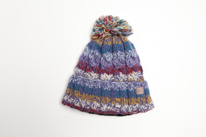 紫红毛球杂线翻边纯羊毛线手工编织全衬防风毛帽|交换礼物|圣诞节 - 帽子 - 羊毛 紫色