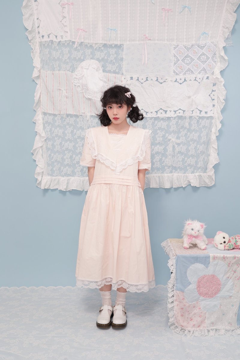 古董少女 海军领蕾丝粉色连身裙 - 洋装/连衣裙 - 其他材质 粉红色