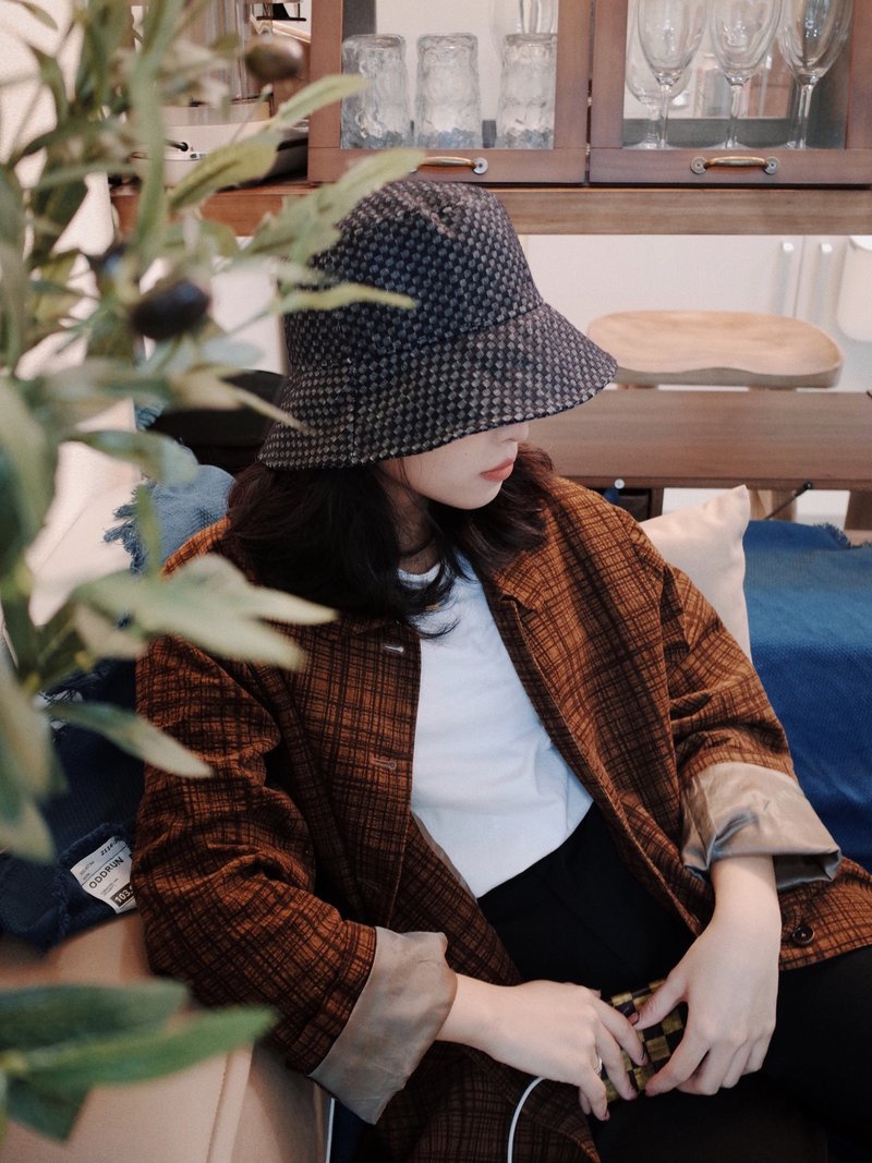 限定 赤耳提花棋盘格牛仔布 经典款水桶帽 渔夫帽 - 帽子 - 棉．麻 