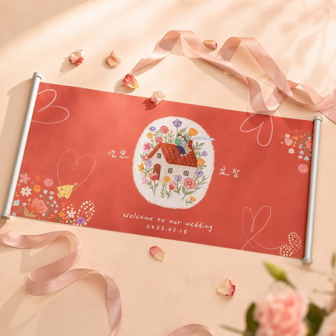 【定制】携手到老 签名绸 油画布 可爱插画 婚礼布置 结婚纪念 - 婚礼誓言书 - 其他人造纤维 粉红色