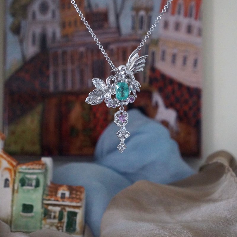 湖光花景 Only One 系列 磷灰石项链 925银镀白k - 项链 - 纯银 银色