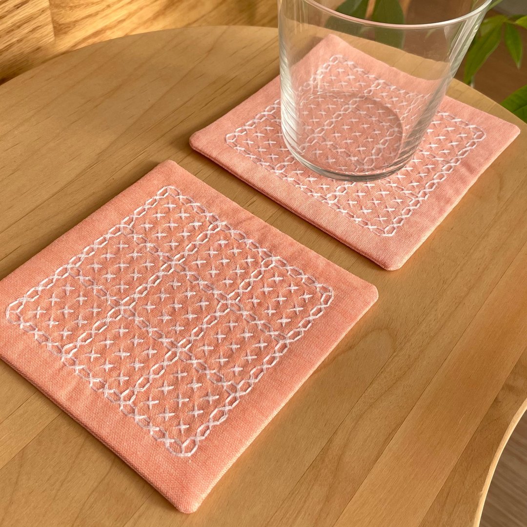 2 件组 Sashiko 杯垫，饼干橙刺绣杯架，刺绣，可水洗，小礼物，生日，咖啡厅，咖啡，糖果 - 杯垫 - 棉 橘色