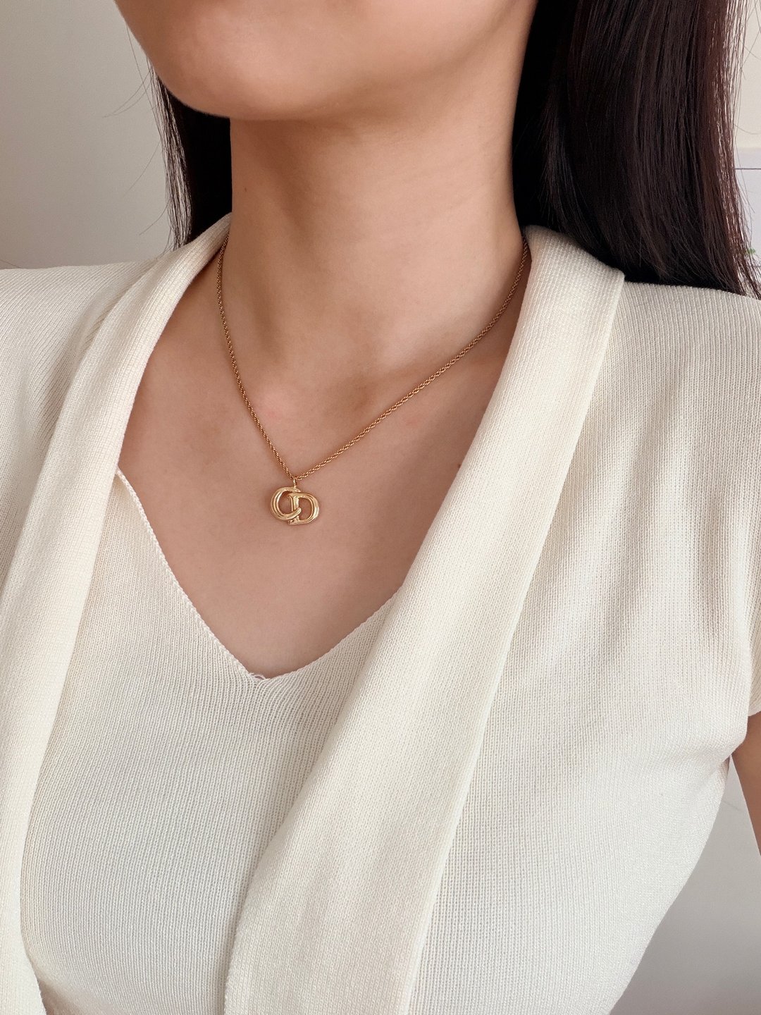 中古正品 Christian Dior 经典立体扭纹 CD Logo 镀金项链 颈链 礼物 - 项链 - 其他金属 金色