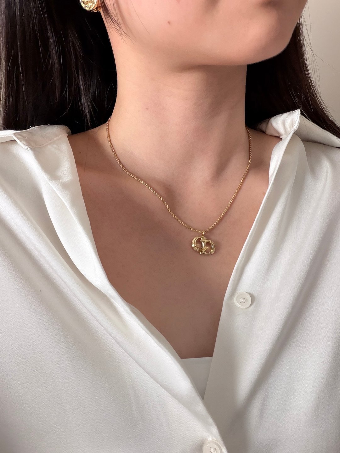 中古正品 Christian Dior 经典立体扭纹 CD Logo 镀金项链 颈链 礼物 - 项链 - 其他金属 金色