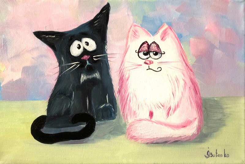 Cats Painting Original Art Cat Couple Artwork Animal Wall Art Pets Oil Painting - 海报/装饰画/版画 - 其他材质 粉红色