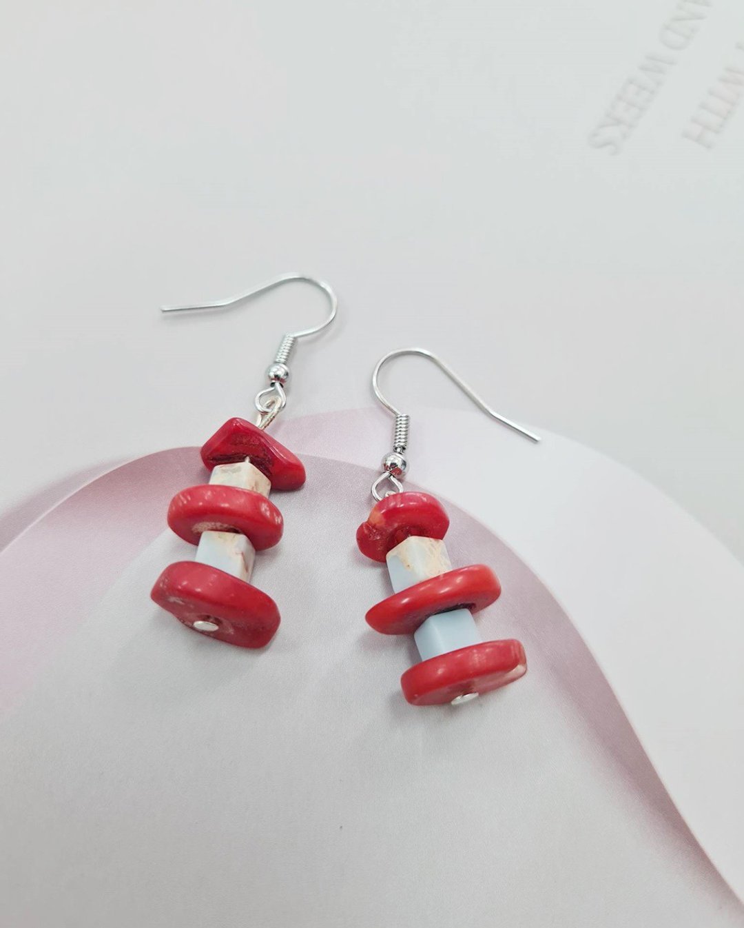 Red Coral &amp; Amazonite Cube Lucky Stone (hook) Earrings - 耳环/耳夹 - 石头 红色