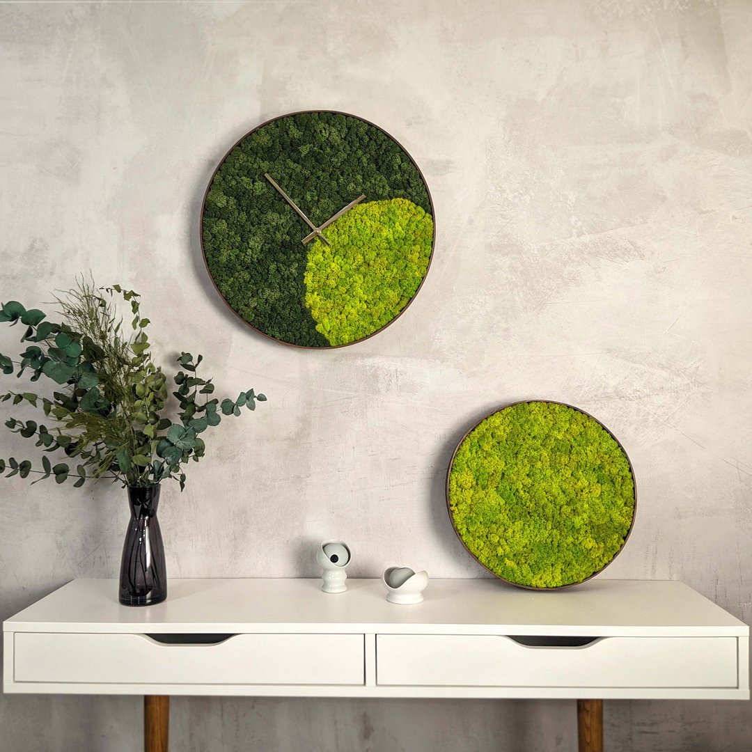 Modern wall decor set | Round plant biophilic design | Green preserved moss art - 墙贴/壁贴 - 木头 绿色