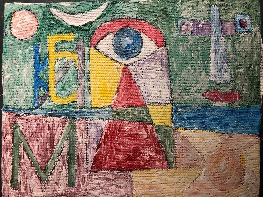 融合立体主义与民间艺术元素的抽象布面油画 - 墙贴/壁贴 - 棉 多色