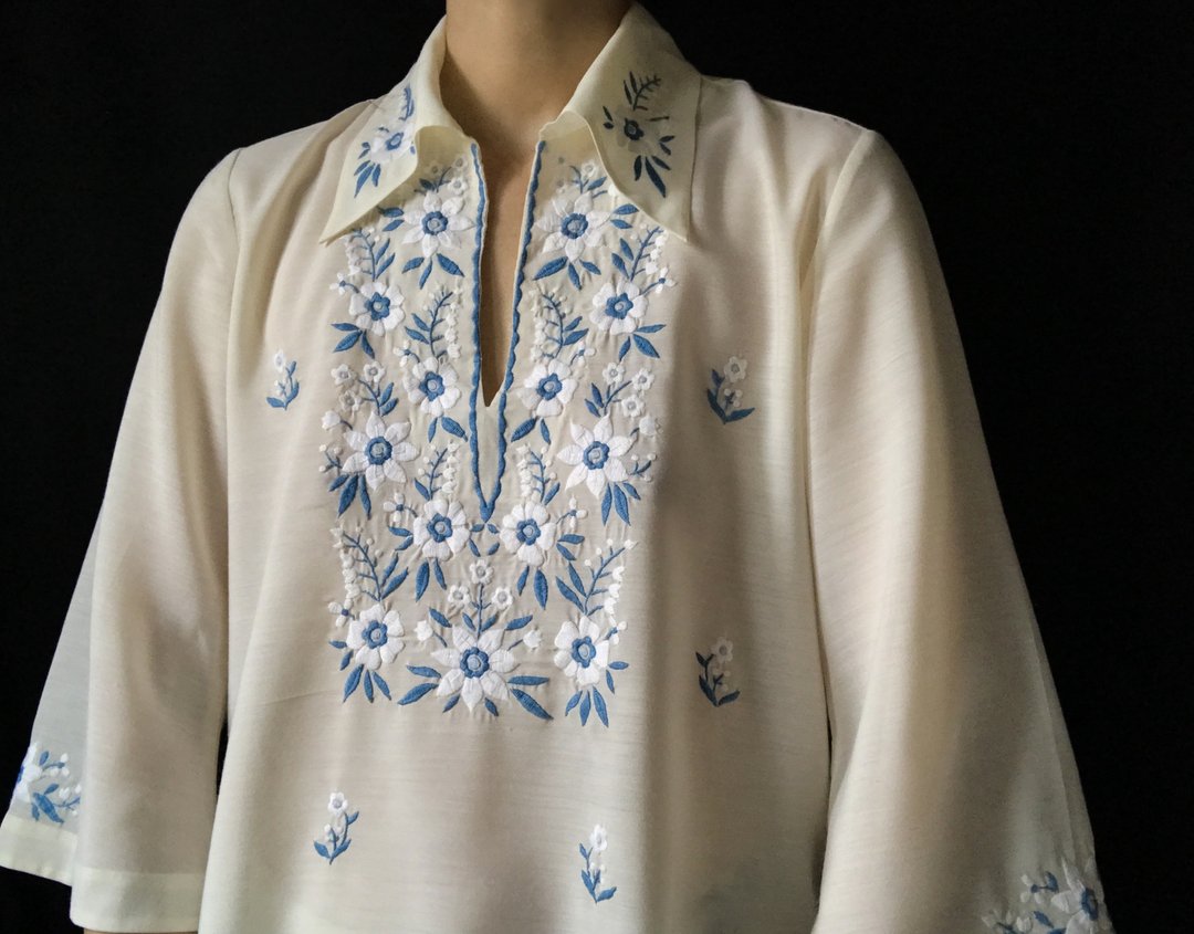 古董手工缎面绣长袖上衣/ 衬衫 - 女装上衣 - 棉 