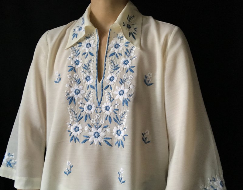 古董手工缎面绣长袖上衣/ 衬衫 - 女装上衣 - 棉．麻 