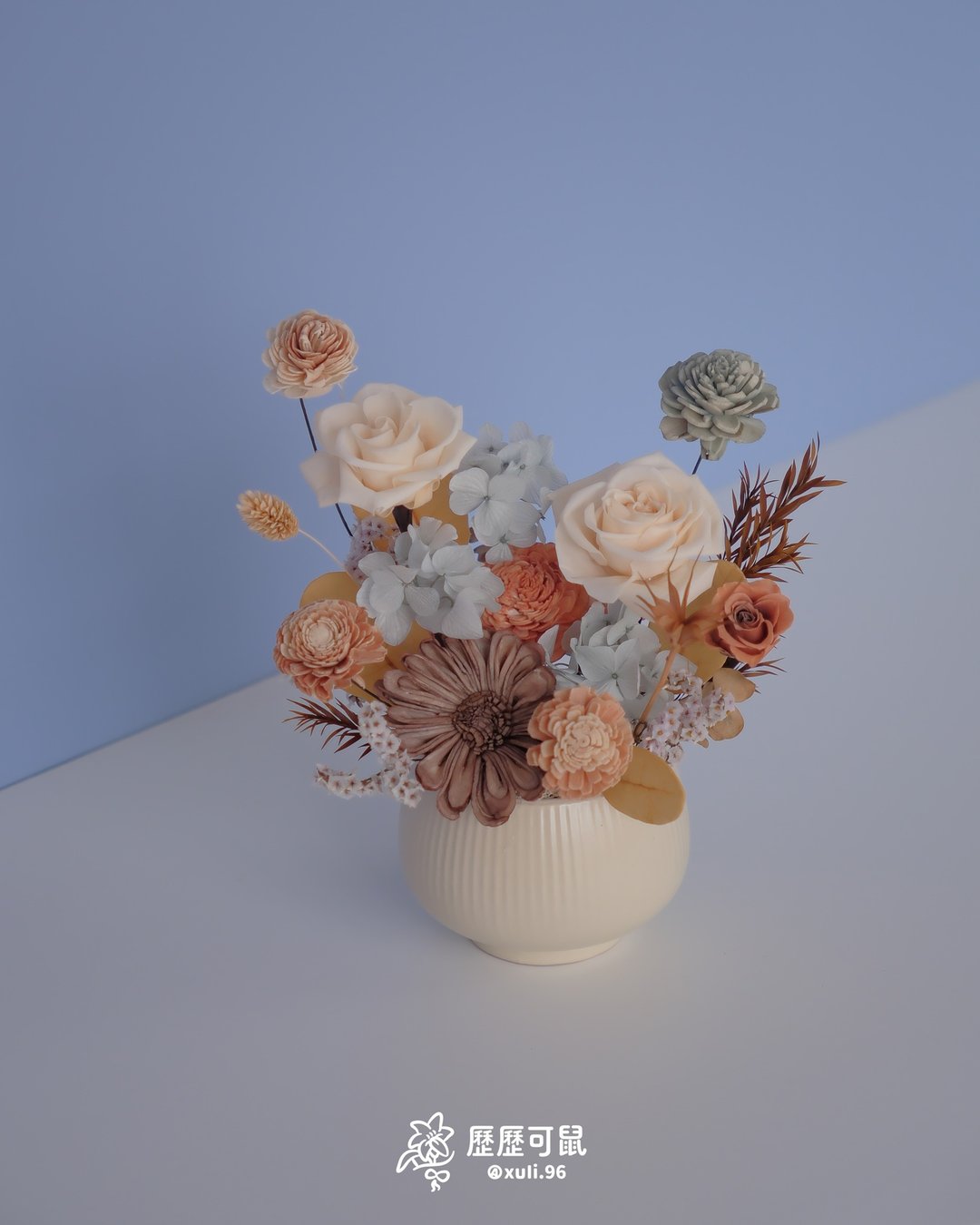 温柔橘蓝色系永生花桌花 - 干燥花/捧花 - 植物．花 