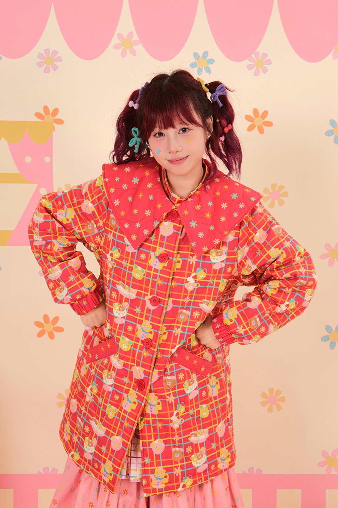 昭和甜品屋娃娃领绗棉印花中长棉服外套 日系可爱 - 女装休闲/机能外套 - 棉 多色