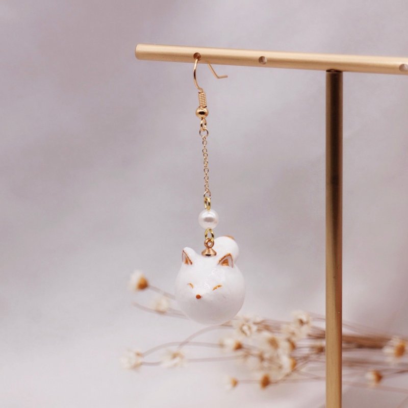 雪狐团子 一对耳饰 | 耳夹 | 耳勾 - 耳环/耳夹 - 粘土 白色