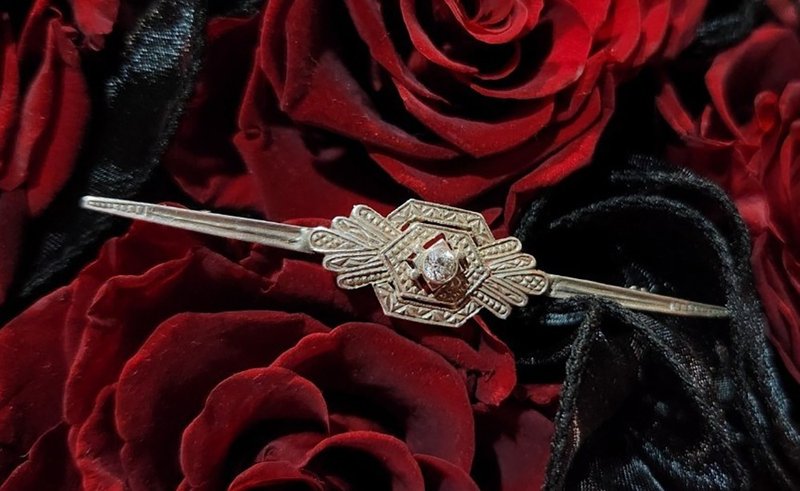 ART DECO装饰艺术风格锆石欧美古董纯银胸针【毕业礼物】圣诞礼盒 - 胸针 - 纯银 银色