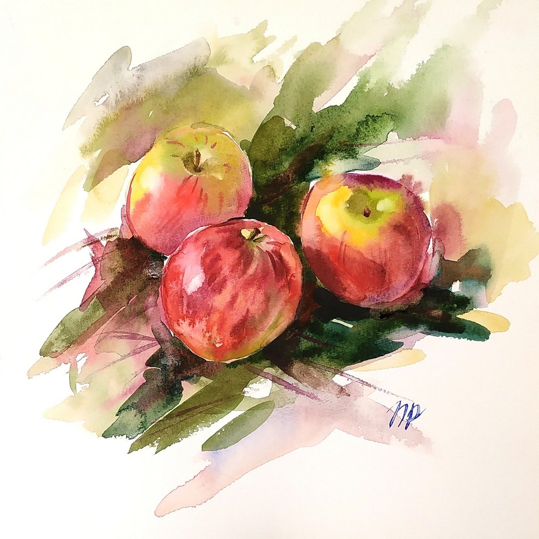 Apple painting Fruit watercolor painting original art Red Apples still life - 海报/装饰画/版画 - 纸 多色