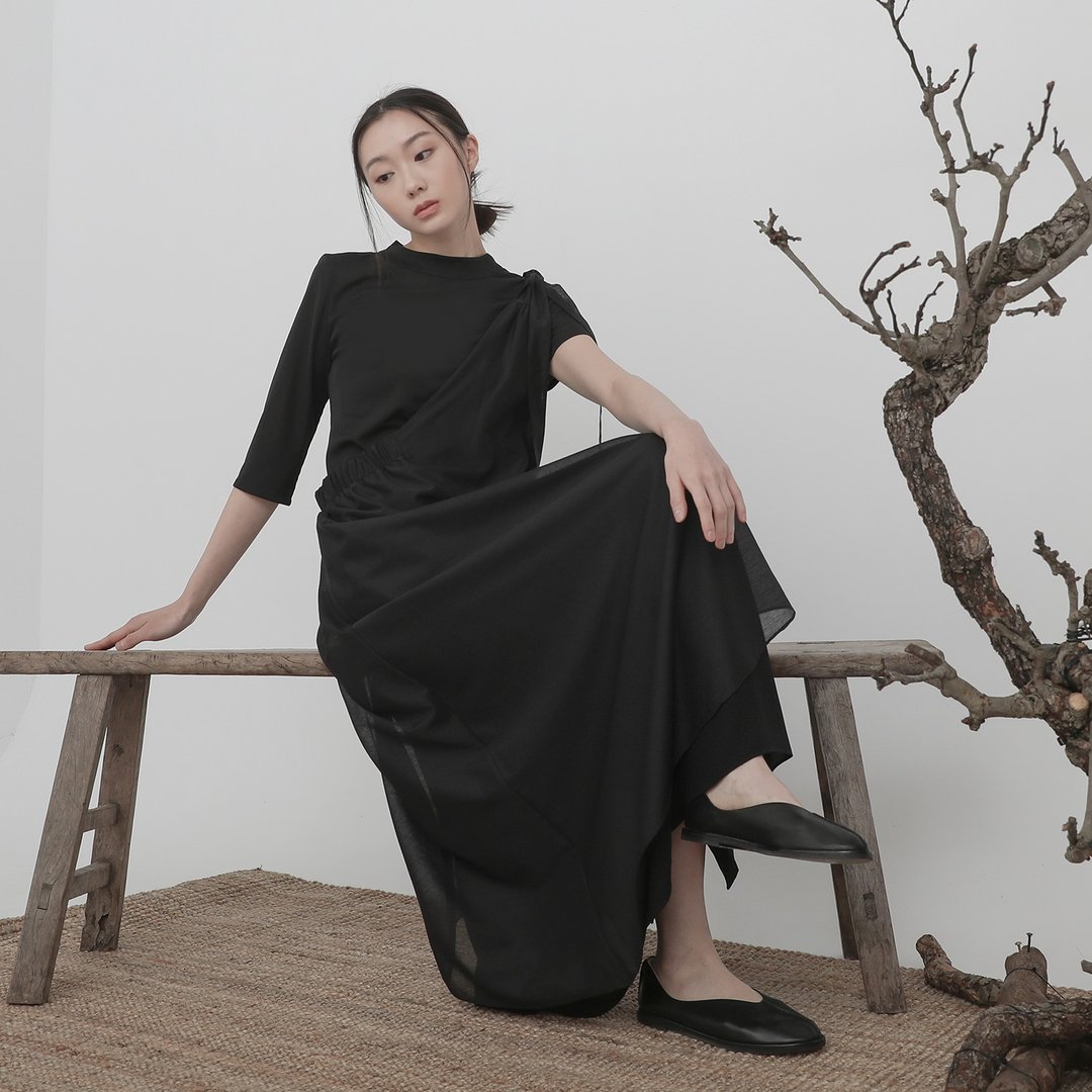 台北时装周限定款/Liubai_留白・侧肩吊带裙_23SF201_黑 - 洋装/连衣裙 - 聚酯纤维 黑色