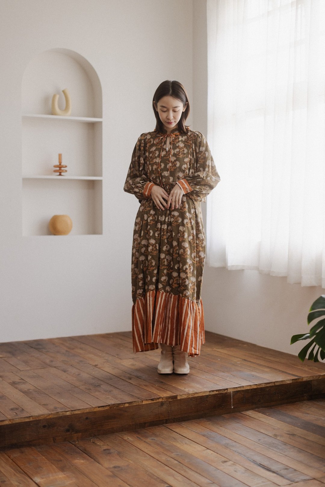 拼接木刻印花领子长袖洋装_黄绿 - 洋装/连衣裙 - 棉 绿色