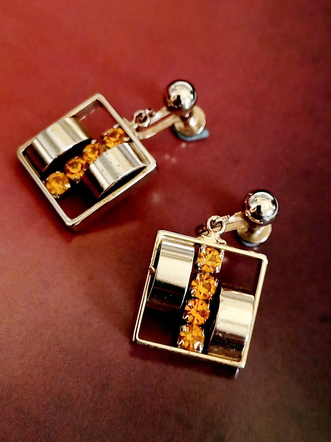 vintage jewelry 现代风格方形莱茵吊坠 夹式耳环 - 耳环/耳夹 - 其他金属 