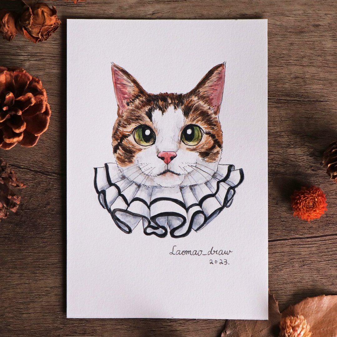 水彩插画原画稿 猫咪头像 4X6 6寸 1007 白底虎斑猫与拉夫领 - 海报/装饰画/版画 - 纸 