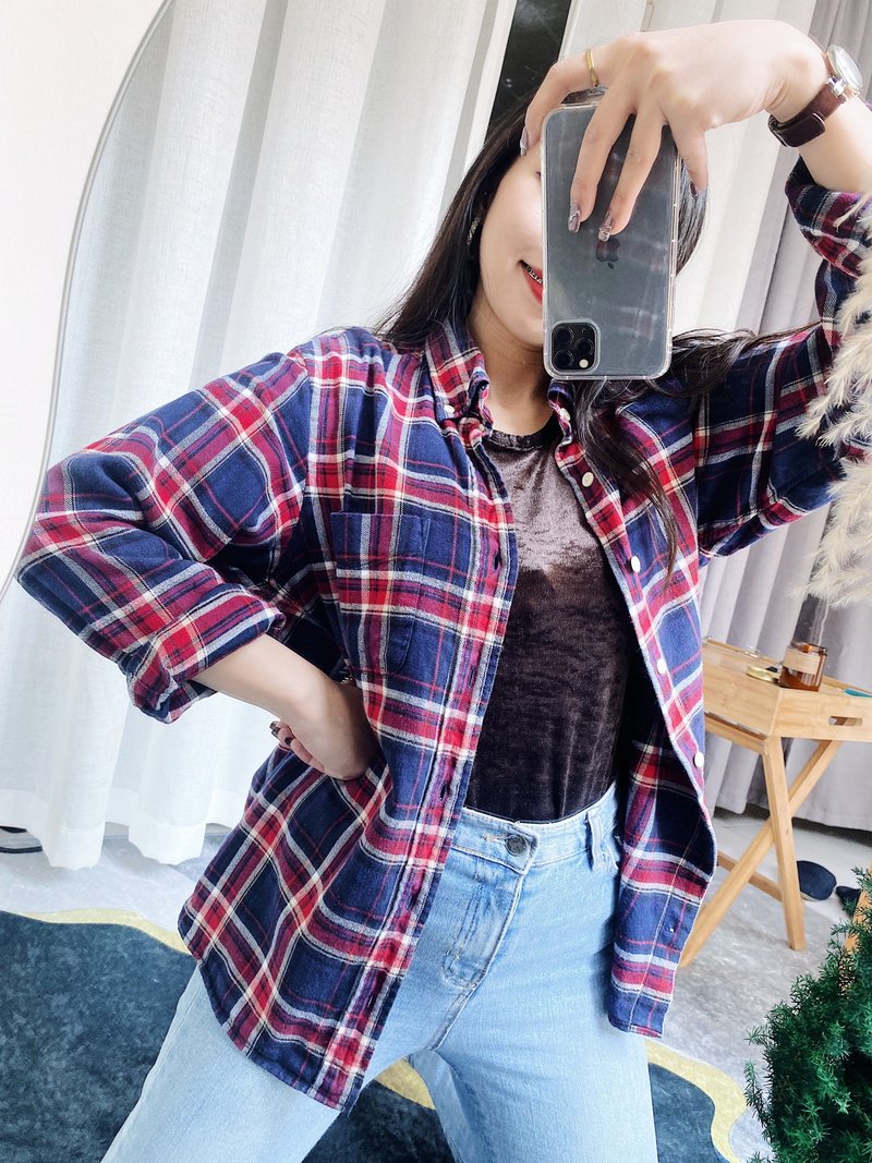 muji 无印良品经典深蓝x火红 古董古着薄磅棉质衬衫上衣 vintage - 女装衬衫 - 棉．麻 蓝色