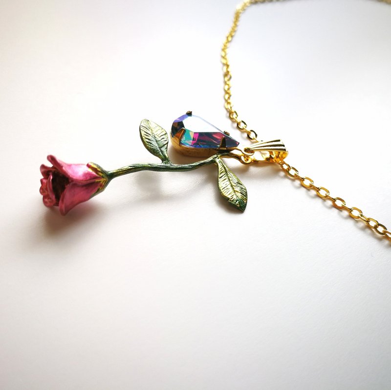 Love at first sight Rose necklace 1920's West Germany vintage glass - 项链 - 其他金属 粉红色