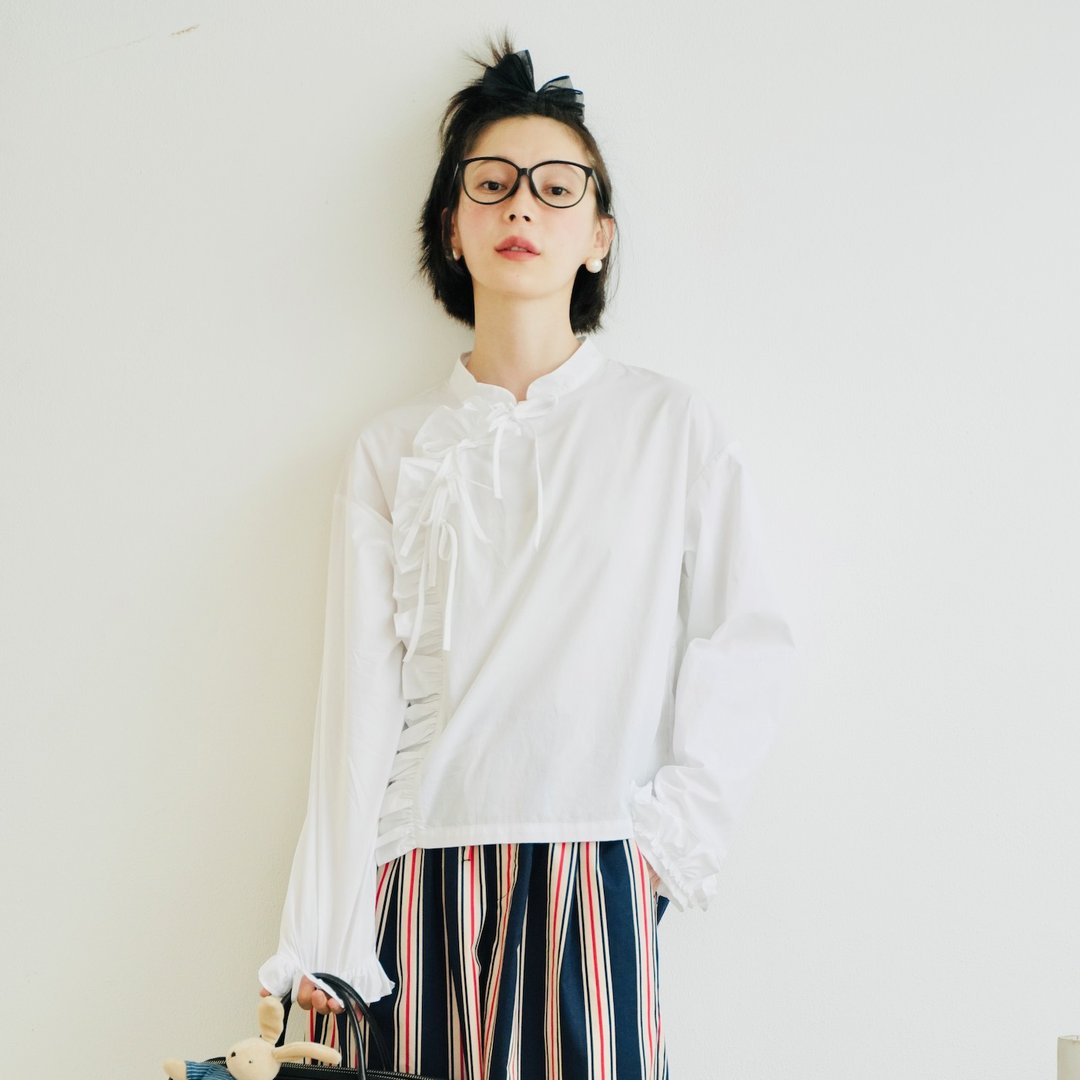 白色花边中式衬衫 / 上衣 棉 - 女装衬衫 - 棉 白色