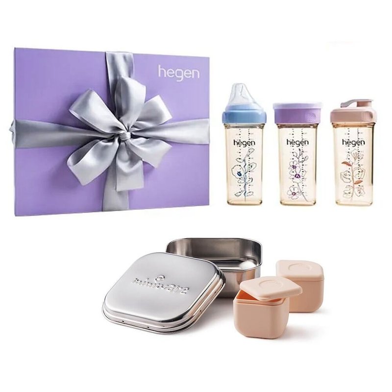 miniware 成长便当盒 + hegen PCTO 紫绽花漾礼盒 成长学饮便当组 - 满月礼盒 - 硅胶 
