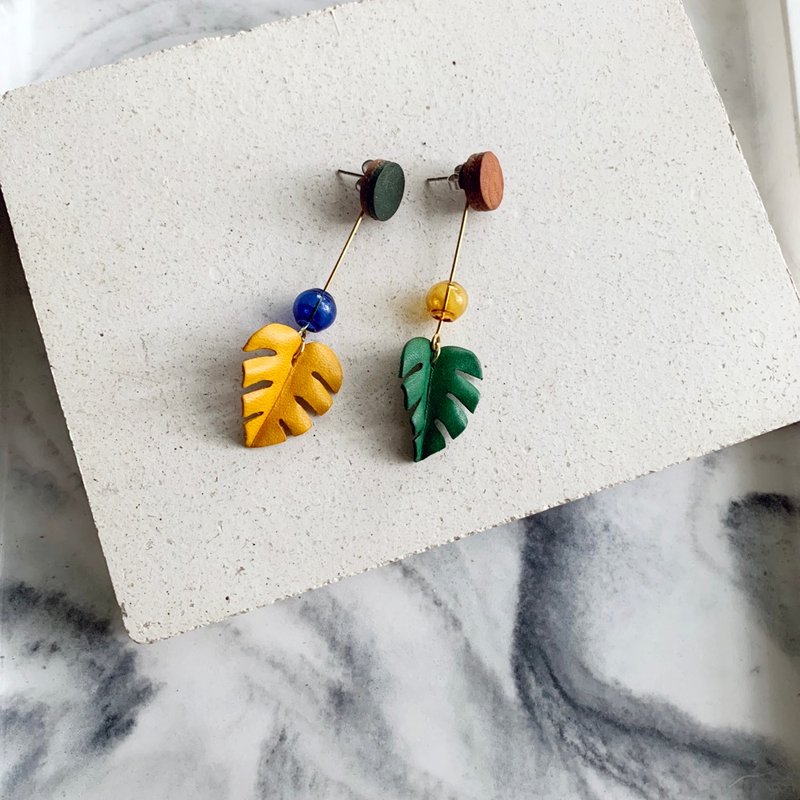 泡泡龟背芋耳饰_玻璃+皮革染色 - 耳环/耳夹 - 真皮 绿色