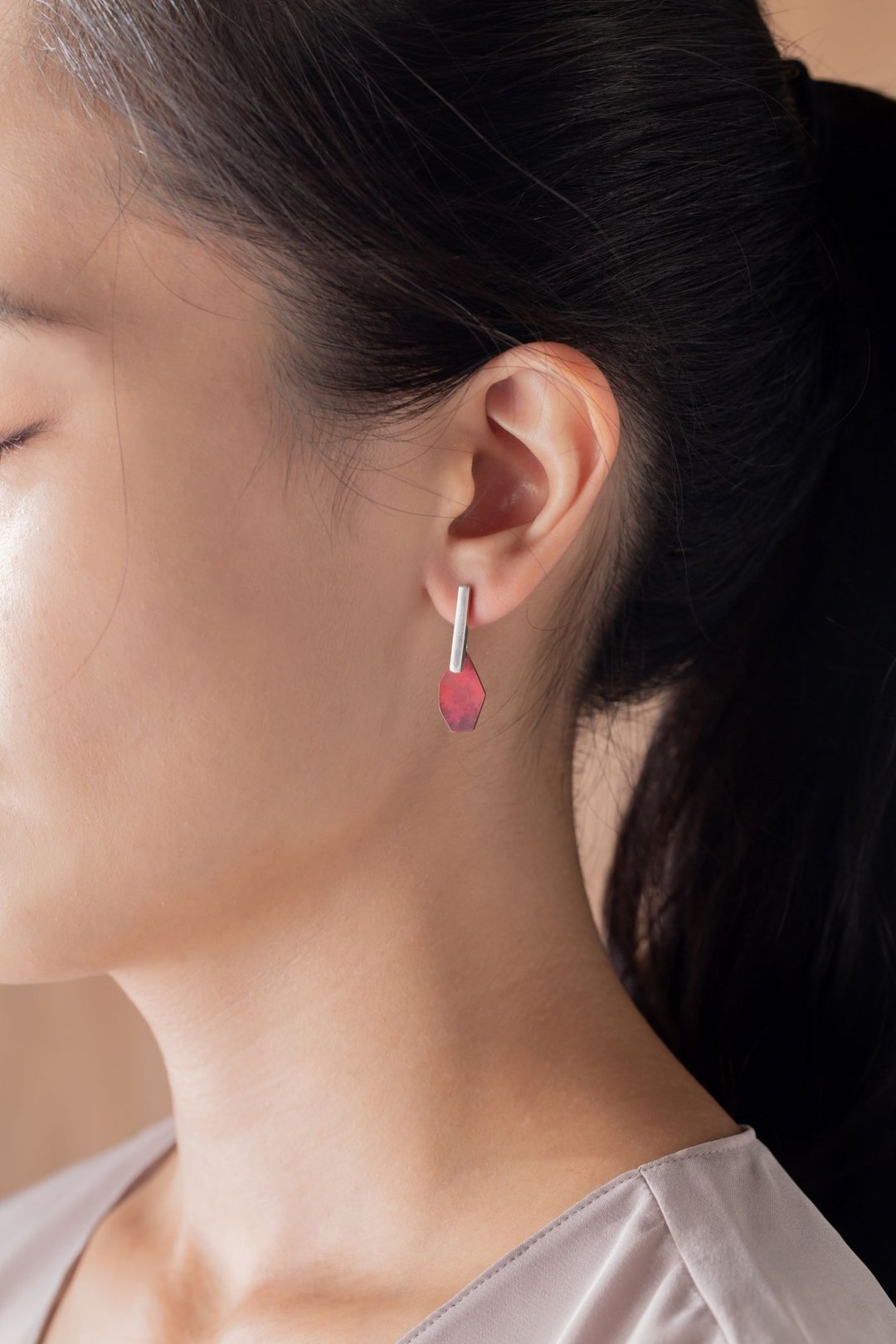 矿石 纯银拼接红铜 耳环 Ore Earrings - 耳环/耳夹 - 铜/黄铜 红色