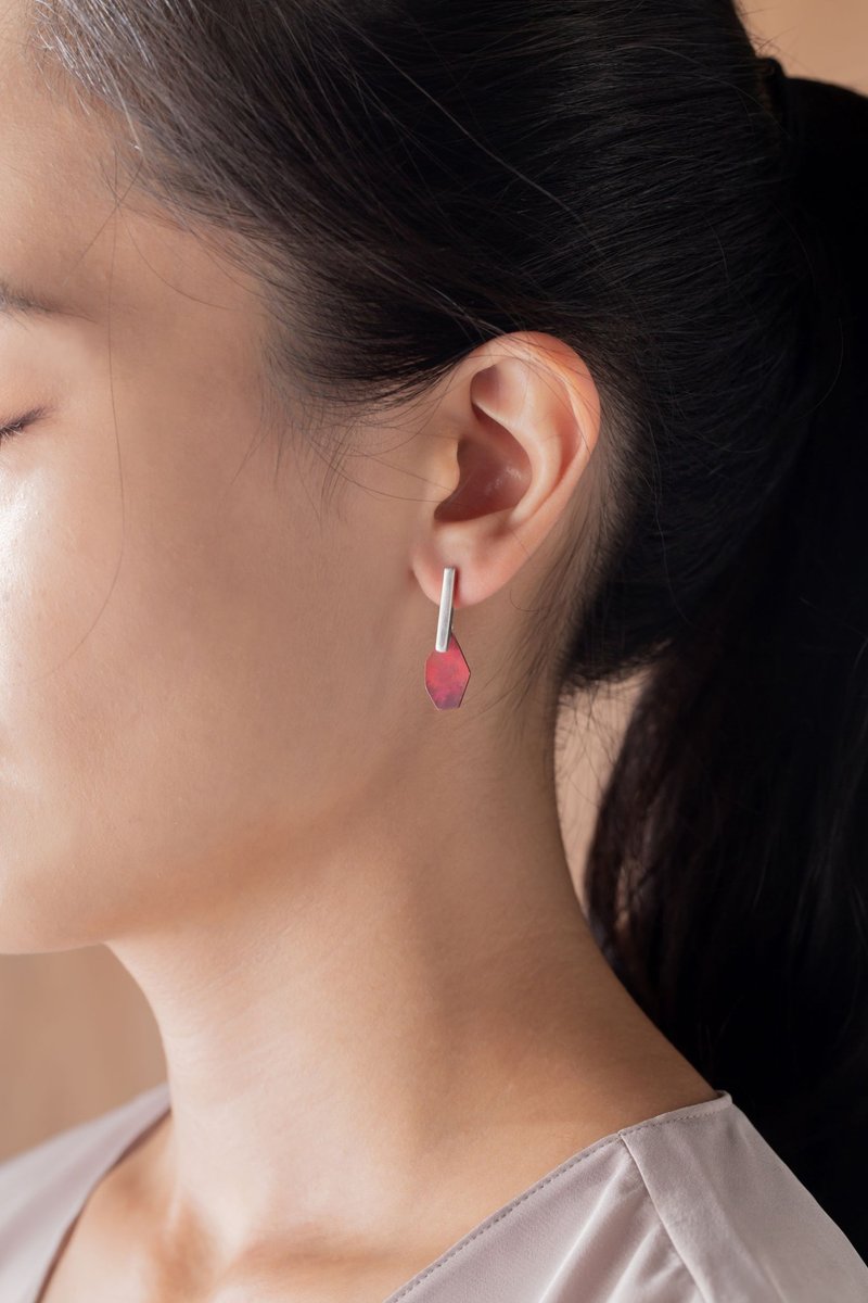 矿石 纯银拼接红铜 耳环 Ore Earrings - 耳环/耳夹 - 铜/黄铜 红色