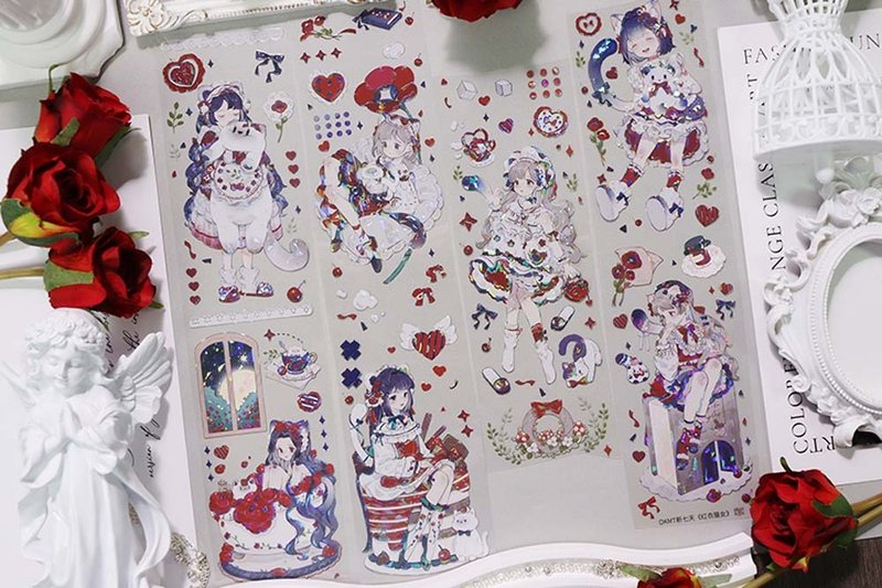 OKMT新七天原创社团咕卡贴纸PET手帐手账胶带 红衣猫女 - 纸胶带 - 塑料 红色