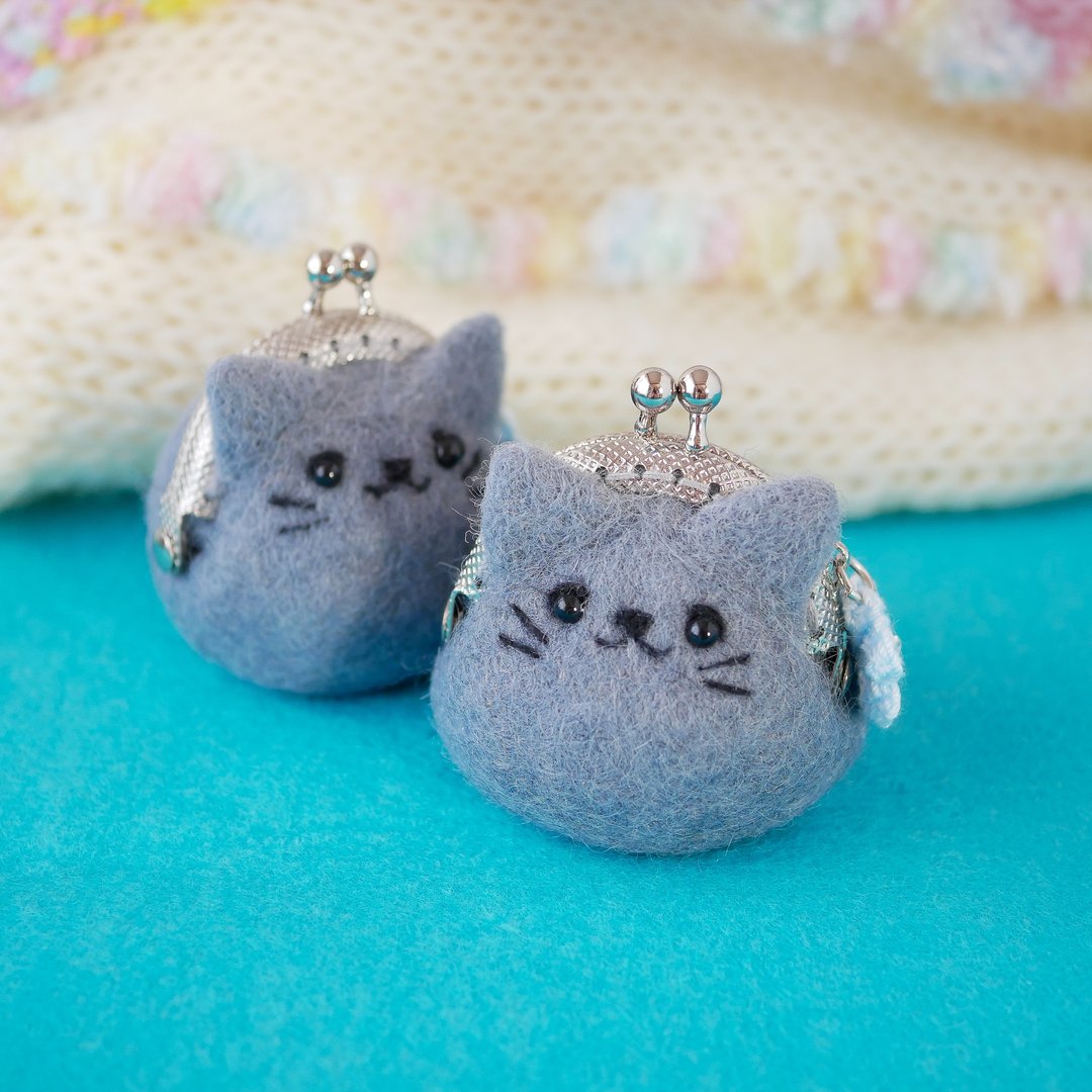 Cat's clasp, Russian blue, wool felt coin case, accessory holder - 玩偶/公仔 - 羊毛 灰色