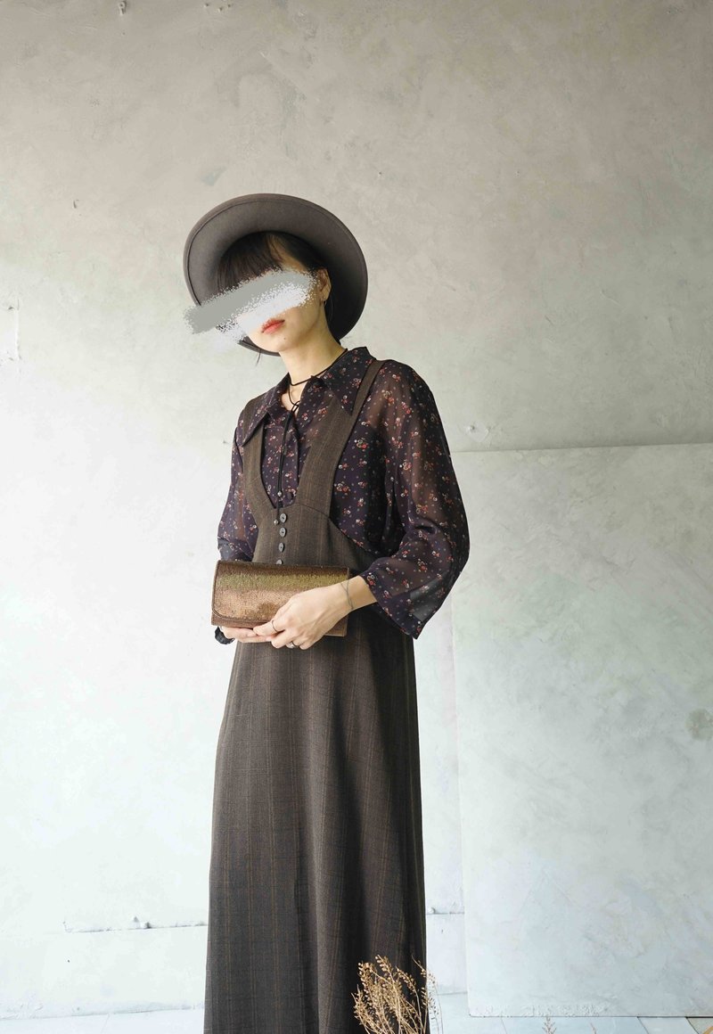 寻宝古着-深棕色质感西装料后开衩连身裙 - 洋装/连衣裙 - 聚酯纤维 咖啡色