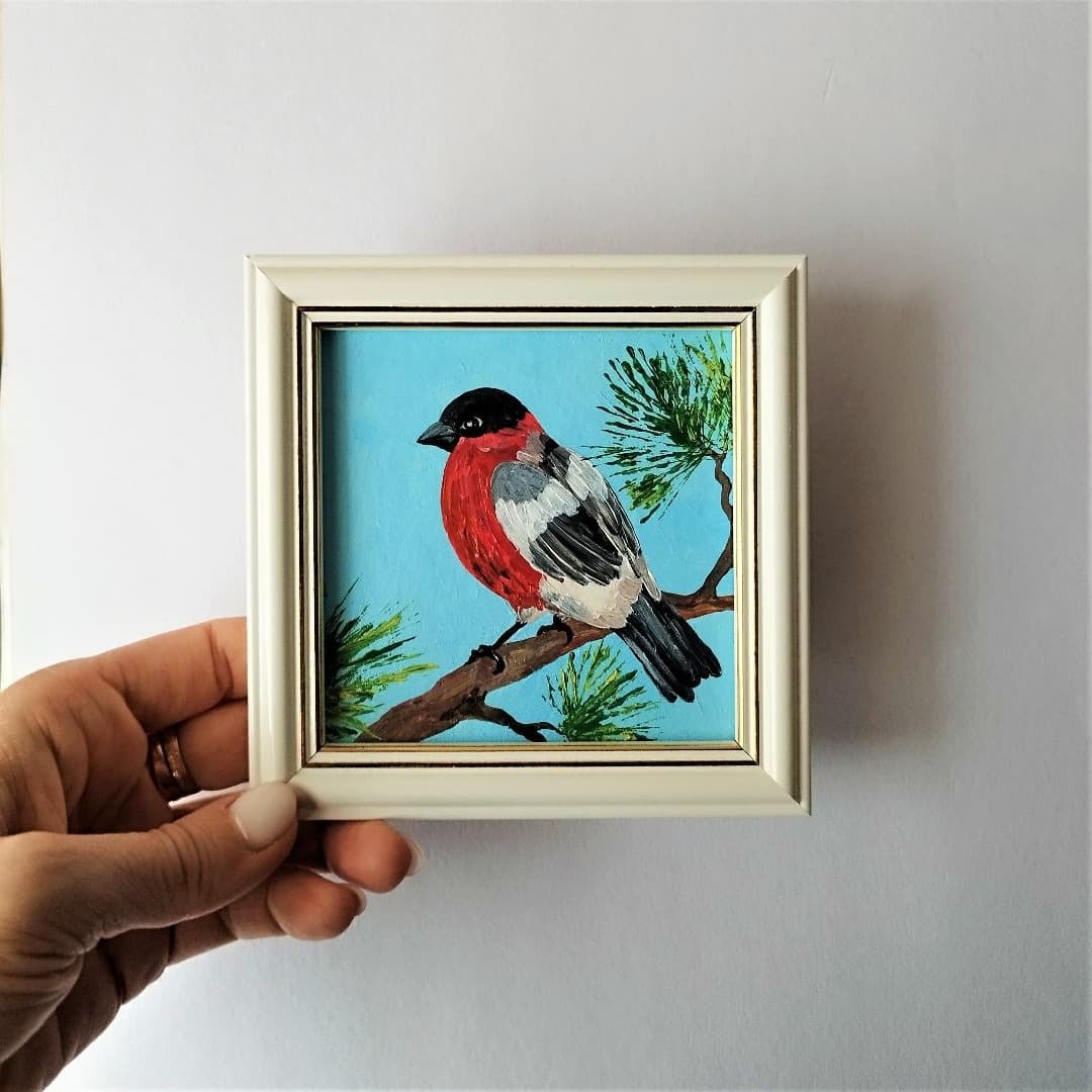Bird painting Original acrylic painting Wall decoration artwork Bullfinch Gift - 墙贴/壁贴 - 压克力 蓝色