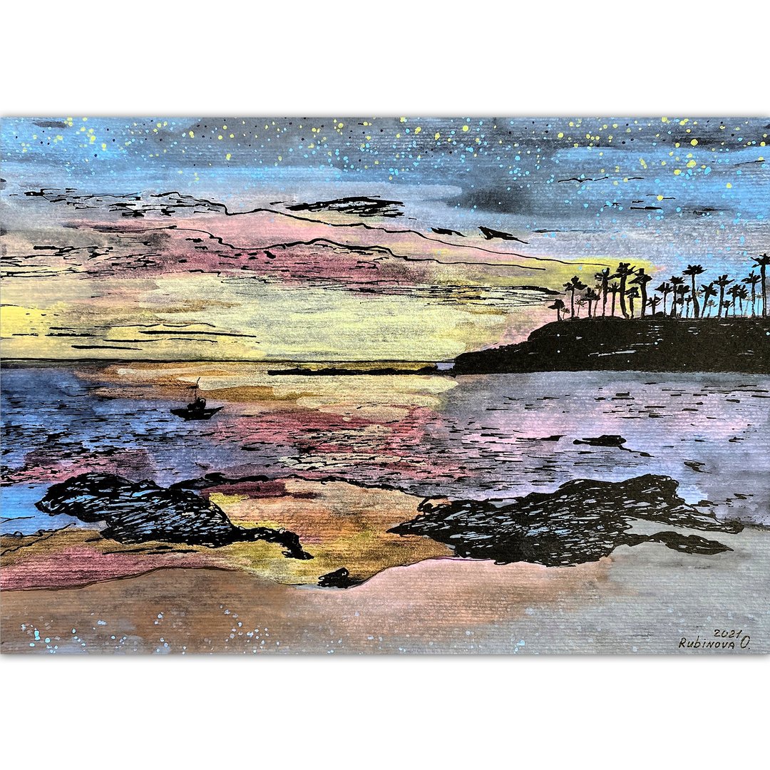 Laguna 海滩画作 原创水彩 海之落日艺术品 闪耀艺术 - 海报/装饰画/版画 - 纸 多色